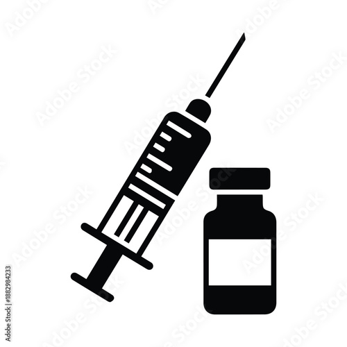 Syringe and medical vial silhouette icon representing vaccination, immunization, and medical treatment
