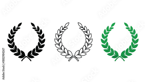 three laurel wreaths in black silver and green isolated on white background