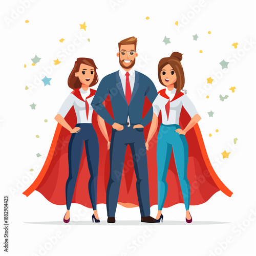 Group of heroes standing together, teamwork concept illustration with caped figures in a vector art style