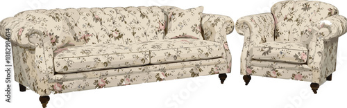Vintage floral sofa and armchair set, tufted upholstery illustration, cottage-style furniture vector, cream rose pattern design