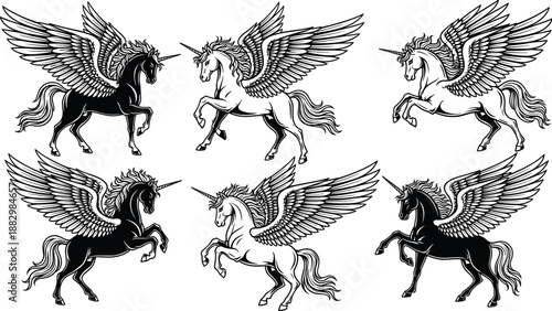 Winged unicorn silhouette set, alicorn fantasy vector, mythical creature illustration, black white design, rearing pose artwork
