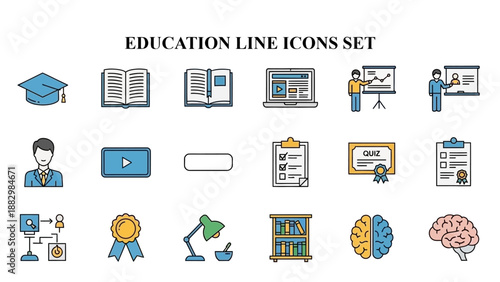 Comprehensive collection of twenty-four stylized, color-filled education and learning line icons for digital design projects.