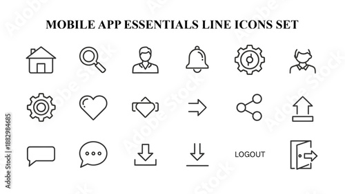 Comprehensive set of mobile application essential line icons representing navigation settings user profile notifications search share favorite upload and security functions