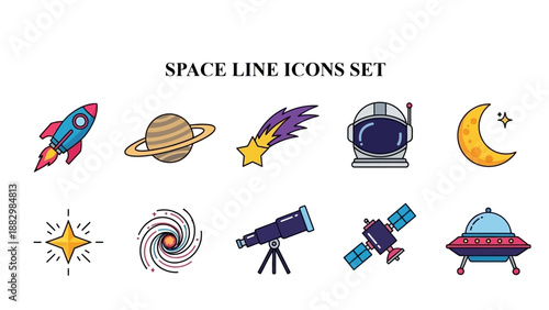 Adorable collection of ten colorful line icons depicting essential elements of space exploration and astronomical objects.