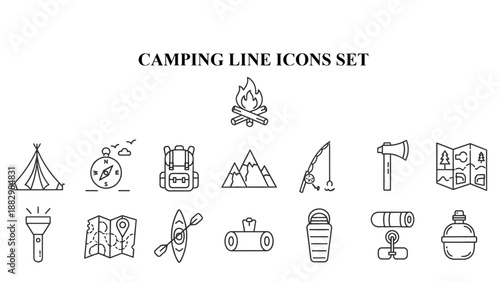 A comprehensive set of black outline vector icons representing essential camping and outdoor adventure equipment for travel planning.
