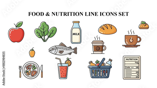 Colorful flat line icons representing diverse healthy food groups, drinks, and nutrition facts for diet planning.
