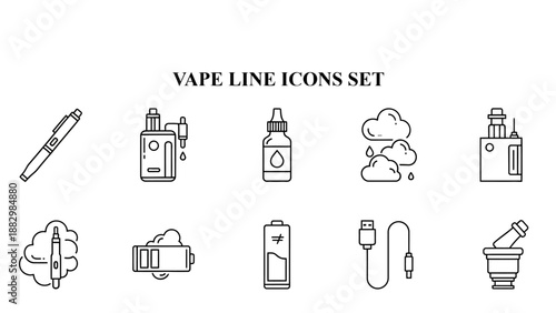 Collection of black outline icons representing various vape devices, e-liquid, battery status, and related vaping accessories for design projects.