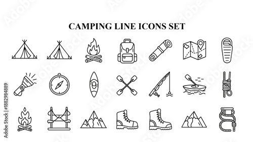 Essential black and white line icons depicting various outdoor adventure activities, necessary gear, and wilderness exploration tools for travel blogs.