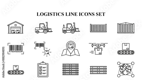 Comprehensive set of black and white line icons representing essential elements of global shipping, warehousing, and supply chain management operations.