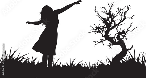 Silhouette of Serenity: Silhouette of a woman standing freely, arms outstretched in a moment of liberation next to a small tree. A beautiful, dramatic.