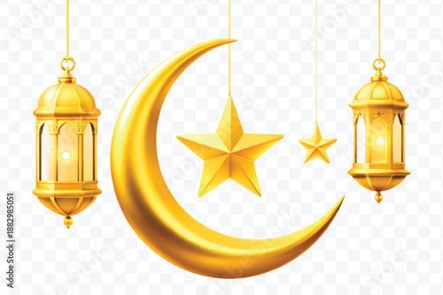 abstract 3d golden color crescent moon, lantern and star hanging in different gold color style isolated on transparent background
