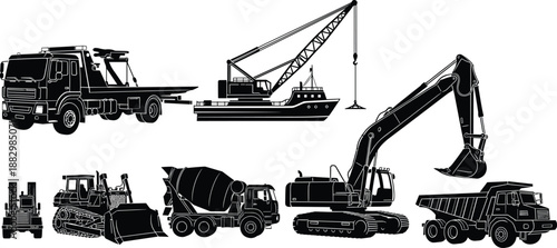 Construction and industrial vehicle silhouette set, excavator crane mixer loader vector, heavy machinery illustration, black white transport artwork