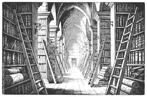 grand arched library corridor lined with tall bookshelves, scrolls, and wooden ladders reaching toward the ceiling sketch engraving generative ai vector illustration. Scratch board. Black and white.
