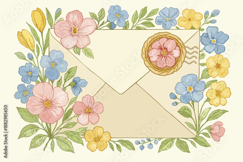 Vintage envelope with array of colorful spring flowers. Vector isolated illustration