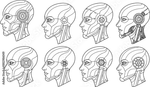 Humanoid robot head illustration set, cybernetic profile vector, AI android design, mechanical ear jaw detail, black white artwork