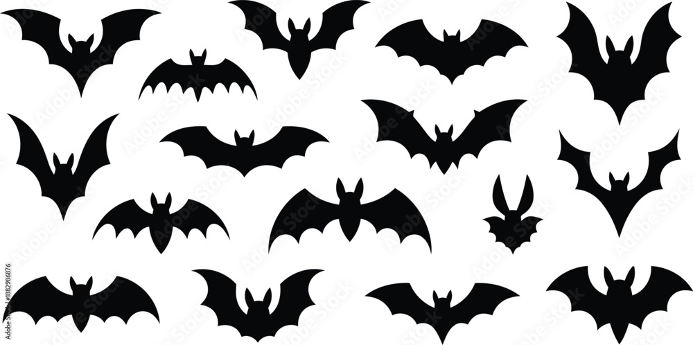 Fototapeta premium A grouping of different black bat outlines showcasing their spread wings against a bright white background