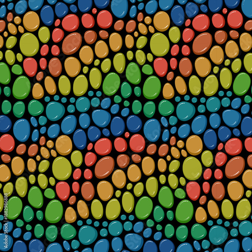 Multicolored drops of liquid on a black background.Vector seamless pattern with multicolored drops on a black background.