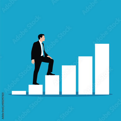 Person in a suit ascending a bar graph representing career development and financial success on a blue background