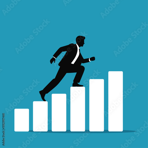 Silhouette of a businessman running up white bar graph on blue background ascending progress