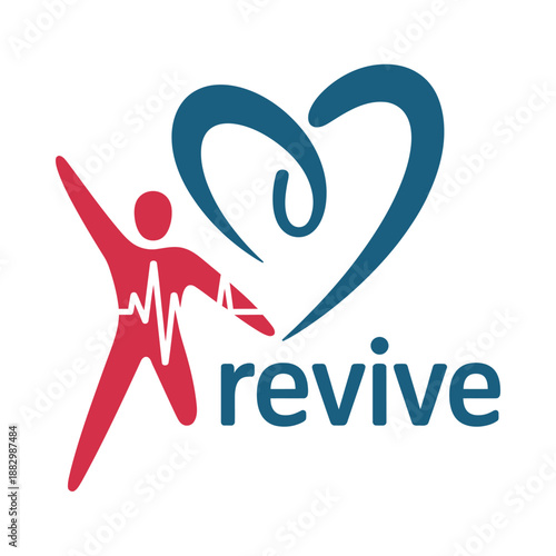 Revive logo with heart and human figure in red and blue colors icon