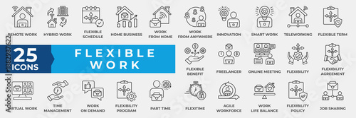 Flexible Work icon set.  With Remote Work, Work from Home, Hybrid Work, Freelancing, Smart Work, Flexible Schedule, integration, time management, agreement icon.