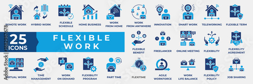 Flexible Work icon set flat style collection.  With Remote Work, Work from Home, Hybrid Work, Freelancing, Smart Work, Flexible Schedule, integration, time management, agreement icon.