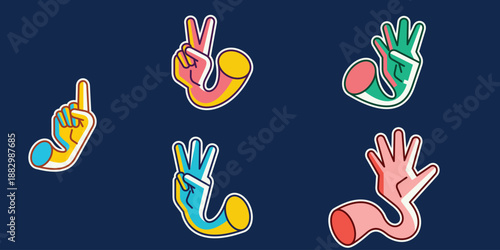 Colorful cartoon hands showing counting gestures from one to five on dark blue background.