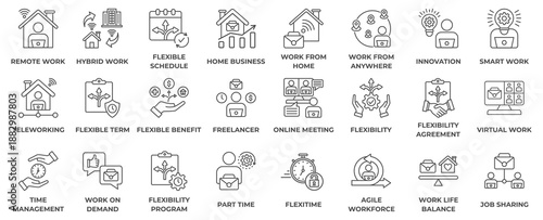 Hybrid work icon collection set. Containing remote work, office, home, flexibility, collaboration, technology, productivity, communication icon. Simple line vector illustration.