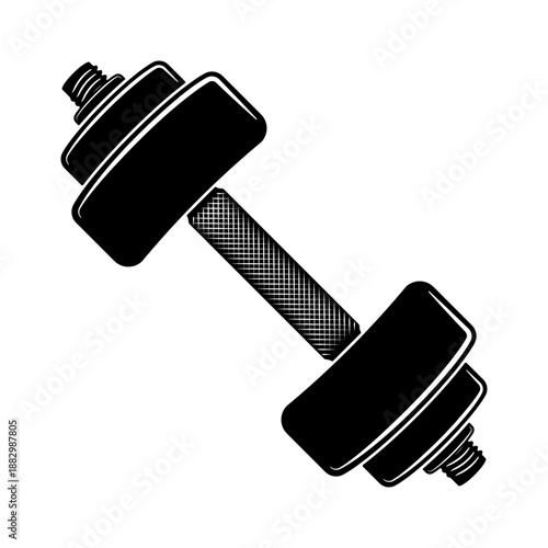 Black and white dumbbell icon isolated without background.