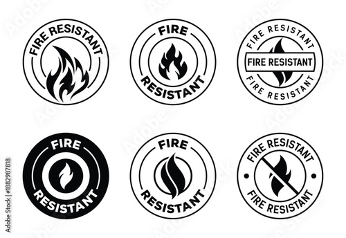 six black and white fire resistant labels and icons on a white background