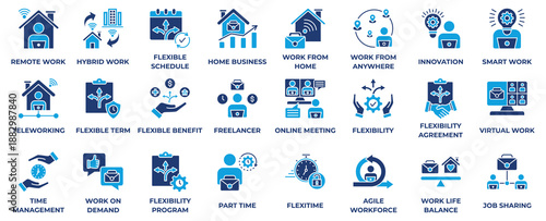 Hybrid work icon collection set. Containing remote work, office, home, flexibility, collaboration, technology, productivity, communication icon. Simple flat vector illustration.