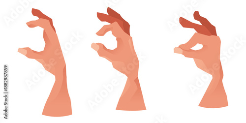 Stylized vector illustration of three human hands making circle gesture with thumb and index finger, shown from different angles in geometric faceted style.