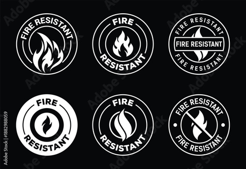 six white fire resistant labels on black background