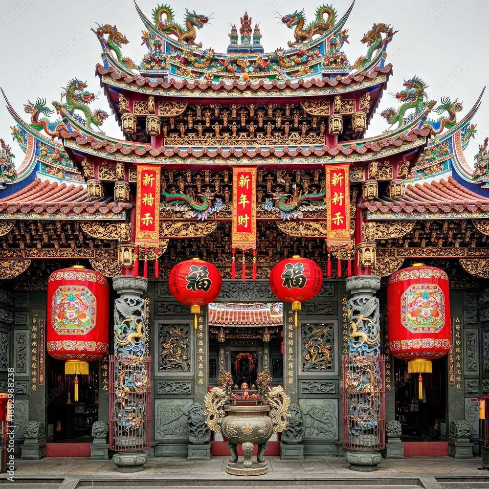 Fototapeta premium Traditional Chinese Temple Entrance Decorated With Red Lanterns And Ornaments