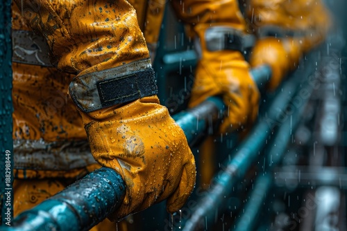 Workers in yellow rain gear hold onto wet metal bars during a rainstorm on a construction site in the morning