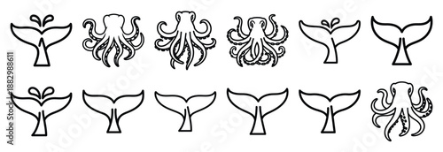 Collection of  whale tail splash  line art icons on white background. Set of animal linear symbols. Vector illustration.