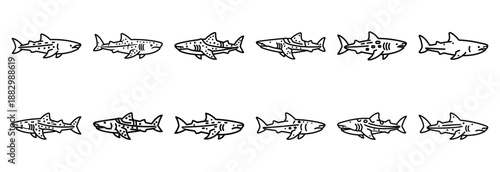 Collection of  whale shark spotted  line art icons on white background. Set of animal linear symbols. Vector illustration.