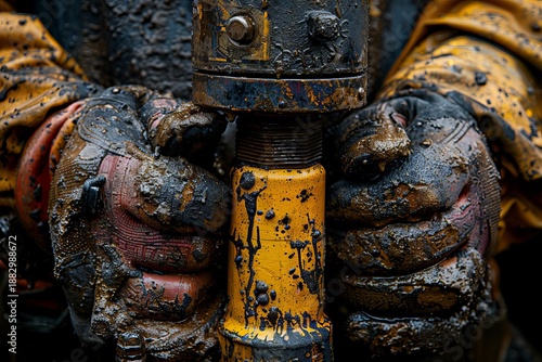 Hands hold a tool covered in dirt at a muddy work site during a busy hour of construction activity