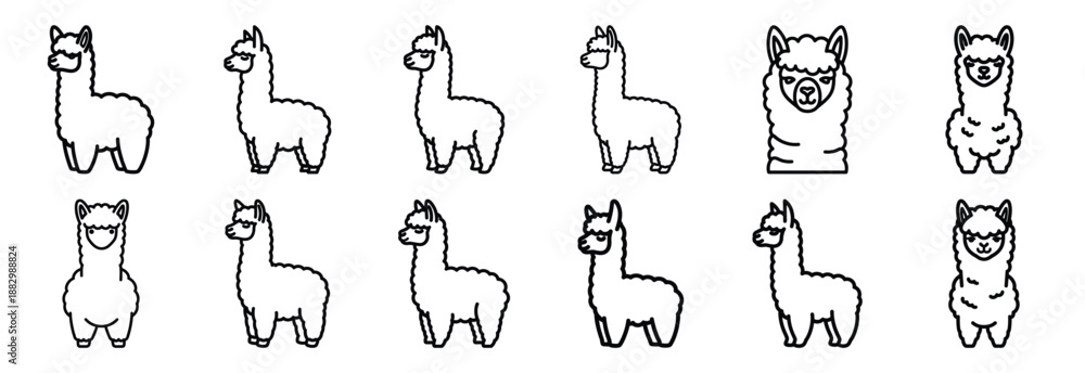 Naklejka premium Collection of alpaca fluffy wool line art icons on white background. Set of animal linear symbols. Vector illustration.