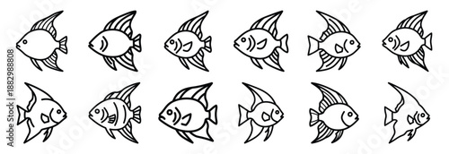 Collection of  angelfish fins wide  line art icons on white background. Set of animal linear symbols. Vector illustration.