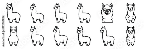 Collection of  alpaca fluffy wool  line art icons on white background. Set of animal linear symbols. Vector illustration.