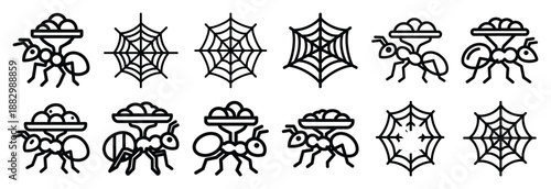 Collection of  ant carrying food  line art icons on white background. Set of animal linear symbols. Vector illustration.