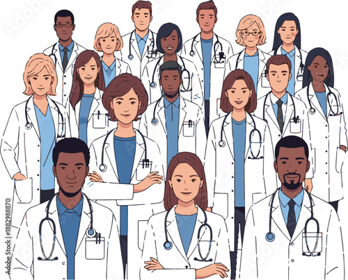 Diverse Group of Doctors and Medical Professionals Standing Together in White Lab Coats, Illustration