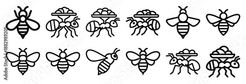 Collection of  bee flying  line art icons on white background. Set of animal linear symbols. Vector illustration.