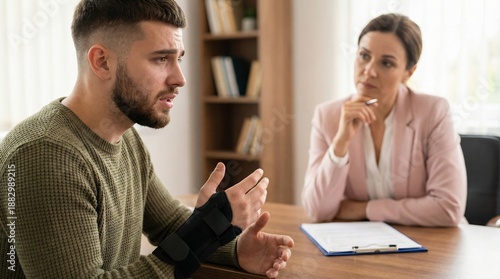 Injured worker consulting with lawyer for compensation claim and legal advice