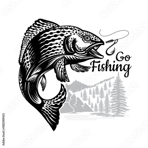 Salmon Leaping out of the water to catch a lure on landscape background. Monochrome banner for fishing, championship or sport club on white.