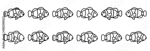 Collection of  clownfish stripe body  line art icons on white background. Set of animal linear symbols. Vector illustration.