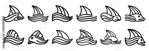 Collection of  cuttlefish fin wave  line art icons on white background. Set of animal linear symbols. Vector illustration.