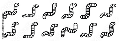 Collection of  earthworm soil crawl  line art icons on white background. Set of animal linear symbols. Vector illustration.