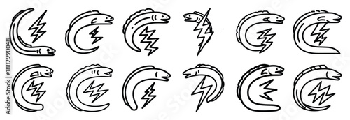 Collection of  electric eel shock  line art icons on white background. Set of animal linear symbols. Vector illustration.